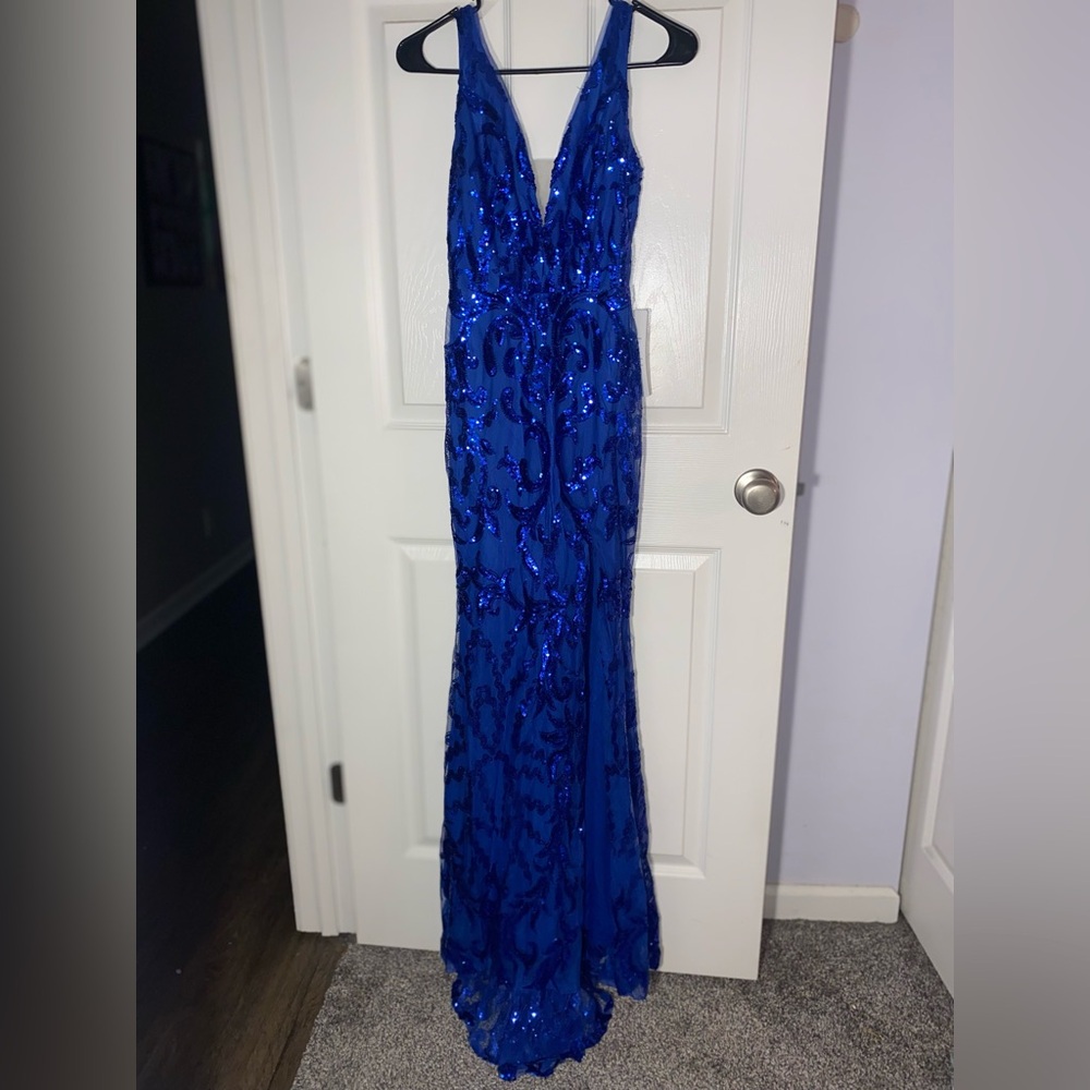 NWT Women's V Neck Mermaid Sparkly Sequin Prom Dress Backless Long with Slit